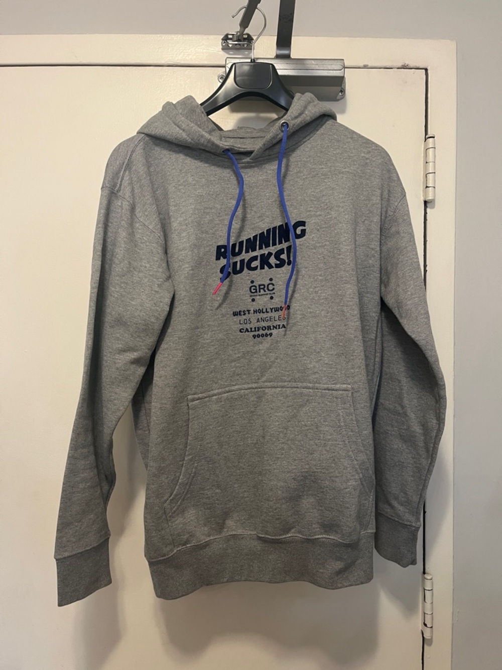 Gray 'Running Sucks!' Graphic Pullover Hoodie with Blue Drawcords